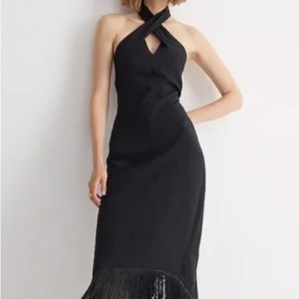 J. CREW Collection Halter Neck Fringe Hem Dress Black Crepe